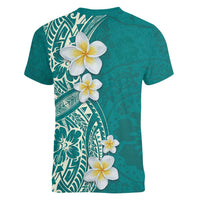Plumeria Women V-Neck T-Shirt Polynesian Tribal Frangipani Teal LT03 - Polynesian Pride