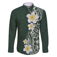 Plumeria Family Matching Off Shoulder Short Dress and Hawaiian Shirt Polynesian Tribal Frangipani Green