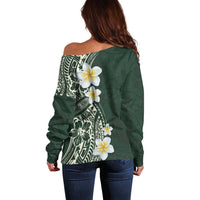 Plumeria Off Shoulder Sweater Polynesian Tribal Frangipani Green