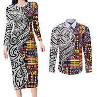 Niue Hiapo and Maori Decoration Tattoos Couples Matching Long Sleeve Bodycon Dress and Long Sleeve Button Shirt - Polynesian Pride