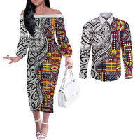 Niue Hiapo and Maori Decoration Tattoos Couples Matching Off The Shoulder Long Sleeve Dress and Long Sleeve Button Shirt - Polynesian Pride