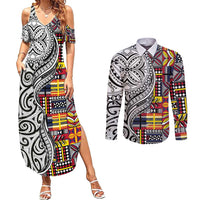 Niue Hiapo and Maori Decoration Tattoos Couples Matching Summer Maxi Dress and Long Sleeve Button Shirt - Polynesian Pride