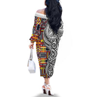 Niue Hiapo and Maori Decoration Tattoos Family Matching Off The Shoulder Long Sleeve Dress and Hawaiian Shirt - Polynesian Pride