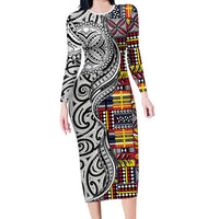 Niue Hiapo and Maori Decoration Tattoos Long Sleeve Bodycon Dress LT03 Long Dress White - Polynesian Pride