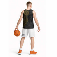 Niue Polynesian Hiapo Tattoo Art Basketball Jersey Half Style Black Gold Color - Polynesian Pride