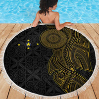 Niue Polynesian Hiapo Tattoo Art Beach Blanket Half Style Black Gold Color - Polynesian Pride
