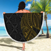 Niue Polynesian Hiapo Tattoo Art Beach Blanket Half Style Black Gold Color - Polynesian Pride