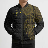 Niue Polynesian Hiapo Tattoo Art Bomber Puffer Jacket Half Style Black Gold Color - Polynesian Pride