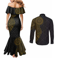 Niue Polynesian Hiapo Tattoo Art Couples Matching Mermaid Dress and Long Sleeve Button Shirt Half Style Black Gold Color - Polynesian Pride