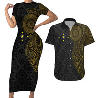 Niue Polynesian Hiapo Tattoo Art Couples Matching Short Sleeve Bodycon Dress and Hawaiian Shirt Half Style Black Gold Color - Polynesian Pride