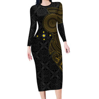 Niue Polynesian Hiapo Tattoo Art Family Matching Long Sleeve Bodycon Dress and Hawaiian Shirt Half Style Black Gold Color - Polynesian Pride