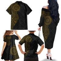 Niue Polynesian Hiapo Tattoo Art Family Matching Off The Shoulder Long Sleeve Dress and Hawaiian Shirt Half Style Black Gold Color - Polynesian Pride