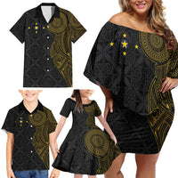 Niue Polynesian Hiapo Tattoo Art Family Matching Off Shoulder Short Dress and Hawaiian Shirt Half Style Black Gold Color - Polynesian Pride