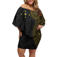 Niue Polynesian Hiapo Tattoo Art Family Matching Off Shoulder Short Dress and Hawaiian Shirt Half Style Black Gold Color - Polynesian Pride