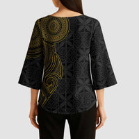 Niue Polynesian Hiapo Tattoo Art Kimono Sleeve Blouse Half Style Black Gold Color - Polynesian Pride