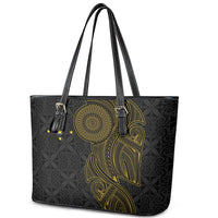Niue Polynesian Hiapo Tattoo Art Leather Tote Bag Half Style Black Gold Color - Polynesian Pride