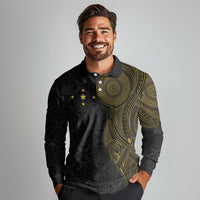 Niue Polynesian Hiapo Tattoo Art Long Sleeve Polo Shirt Half Style Black Gold Color - Polynesian Pride