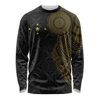 Niue Polynesian Hiapo Tattoo Art Long Sleeve Shirt Half Style Black Gold Color - Polynesian Pride