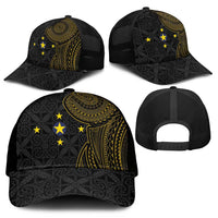 Niue Polynesian Hiapo Tattoo Art Mesh Trucker Cap Half Style Black Gold Color - Polynesian Pride