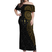 Niue Polynesian Hiapo Tattoo Art Off Shoulder Maxi Dress Half Style Black Gold Color - Polynesian Pride