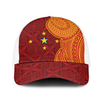 Niue Polynesian Hiapo Tattoo Art Baseball Net Cap Half Style Red Yellow Color LT03 One Size White Red - Polynesian Pride