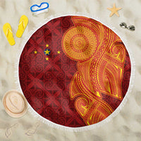 Niue Polynesian Hiapo Tattoo Art Beach Blanket Half Style Red Yellow Color - Polynesian Pride