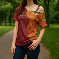 Niue Polynesian Hiapo Tattoo Art Cross Shoulder Shirt Half Style Red Yellow Color - Polynesian Pride