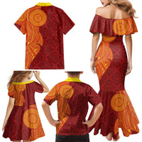 Niue Polynesian Hiapo Tattoo Art Family Matching Mermaid Dress and Hawaiian Shirt Half Style Red Yellow Color - Polynesian Pride