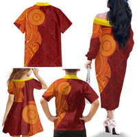Niue Polynesian Hiapo Tattoo Art Family Matching Off The Shoulder Long Sleeve Dress and Hawaiian Shirt Half Style Red Yellow Color - Polynesian Pride