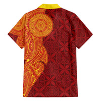 Niue Polynesian Hiapo Tattoo Art Family Matching Off Shoulder Short Dress and Hawaiian Shirt Half Style Red Yellow Color - Polynesian Pride