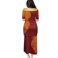 Niue Polynesian Hiapo Tattoo Art Family Matching Puletasi and Hawaiian Shirt Half Style Red Yellow Color - Polynesian Pride