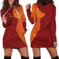 Niue Polynesian Hiapo Tattoo Art Hoodie Dress Half Style Red Yellow Color - Polynesian Pride