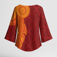 Niue Polynesian Hiapo Tattoo Art Kimono Sleeve Blouse Half Style Red Yellow Color - Polynesian Pride
