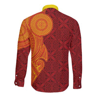 Niue Polynesian Hiapo Tattoo Art Long Sleeve Button Shirt Half Style Red Yellow Color - Polynesian Pride