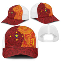 Niue Polynesian Hiapo Tattoo Art Mesh Trucker Cap Half Style Red Yellow Color LT03 - Polynesian Pride