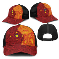 Niue Polynesian Hiapo Tattoo Art Mesh Trucker Cap Half Style Red Yellow Color LT03 - Polynesian Pride