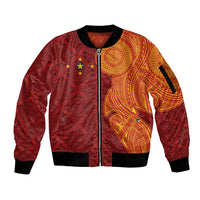 Niue Polynesian Hiapo Tattoo Art Sleeve Zip Bomber Jacket Half Style Red Yellow Color - Polynesian Pride