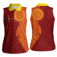 Niue Polynesian Hiapo Tattoo Art Women Sleeveless Polo Shirt Half Style Red Yellow Color - Polynesian Pride