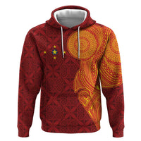 Niue Polynesian Hiapo Tattoo Art Zip Hoodie Half Style Red Yellow Color - Polynesian Pride
