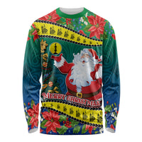 New Caledonia Christmas Long Sleeve Shirt Santa Claus and Kanak Flag Mix Poinsettia Maori Pattern LT03 Unisex Green - Polynesian Pride