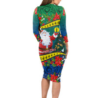 Personalised New Caledonia Christmas Long Sleeve Bodycon Dress Santa Claus and Kanak Flag Mix Poinsettia Maori Pattern LT03 - Polynesian Pride