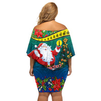 Personalised New Caledonia Christmas Off Shoulder Short Dress Santa Claus and Kanak Flag Mix Poinsettia Maori Pattern LT03 - Polynesian Pride