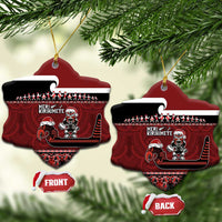 New Zealand Christmas Ceramic Ornament - Meri Kirihimete Aotearoa Warrior on Waka with Maori Art Tattoo