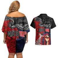 Aotearoa and Samoa Toitu Te Tiriti Couples Matching Off Shoulder Short Dress and Hawaiian Shirt Honour the Treaty - Te Tiriti Is Us