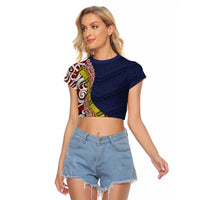 Aotearoa and Niue Raglan Cropped T Shirt Hiapo Maori Stylized Koru LT03 Female Blue - Polynesian Pride