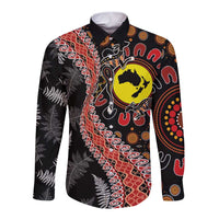 Aotearoa and Australia Long Sleeve Button Shirt Maori Koru Ferns With Aboriginal Kangaroo