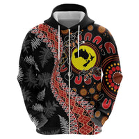 Aotearoa and Australia Zip Hoodie Maori Koru Ferns With Aboriginal Kangaroo