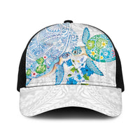 Hawaiian Couple Turtles Honi Baseball Net Cap Polynesian Art Motifs and Hibiscus White Blue Color LT03 One Size Black White - Polynesian Pride