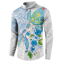 Hawaiian Couple Turtles Honi Button Sweatshirt Polynesian Art Motifs and Hibiscus White Blue Color LT03 - Polynesian Pride