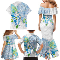Hawaiian Couple Turtles Honi Family Matching Mermaid Dress and Hawaiian Shirt Polynesian Art Motifs and Hibiscus White Blue Color - Polynesian Pride